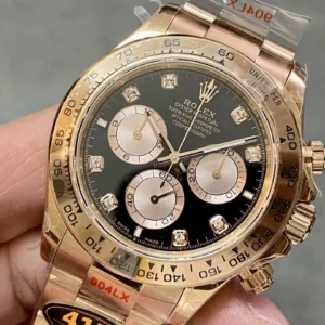 ROLEX DAYTONA IMITATION WATCHES BLACK DIAL RHINESTONES HOURS ROSE GOLD CASE QF FACTORY 40MM 1 ĐỒNG HỒ ROLEX DAYTONA BẢN TINH CHỈNH TRỌNG LƯỢNG MẶT ĐEN NHÀ MÁY QF 40MM