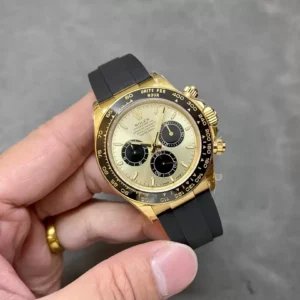ROLEX DAYTONA COSMOGRAP 126518 IMITATION WATCHES GOLD PLATE GOLD CHAMPAGNE DIAL INDEX HOURS Q FACTORY 40MM 3 ĐỒNG HỒ ROLEX DAYTONA COSMOGRAP 126518 REPLICA 11 MẠ VÀNG DÂY CAO SU CAO CẤP 40MM