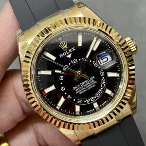 ROLEX SKY DWELLER 336238 REP BLACK DIAL WATCH PLATED GOLD 42MM 1 ĐỒNG HỒ ROLEX SKY DWELLER 336238 REP 11 MẶT ĐEN MẠ VÀNG DÂY CAO SU CAO CẤP 42MM