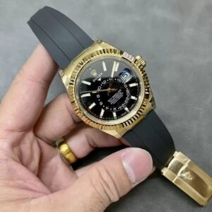 ROLEX SKY DWELLER 336238 REP BLACK DIAL WATCH PLATED GOLD 42MM 3 ĐỒNG HỒ ROLEX SKY DWELLER 336238 REP 11 MẶT ĐEN MẠ VÀNG DÂY CAO SU CAO CẤP 42MM