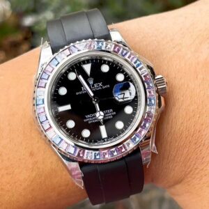 ROLEX YACHT-MASTER REPLICA WATCH FULL STONE BAGUETTE BEZEL 41MM 3 ĐỒNG HỒ ROLEX YACHT-MASTER REPLICA 11 NIỀNG FULL ĐÁ BAGUETTE DÂY CAO SU CAO CẤP 41MM