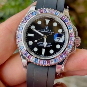 ROLEX YACHT-MASTER REPLICA WATCH FULL STONE BAGUETTE BEZEL 41MM 2 ĐỒNG HỒ ROLEX YACHT-MASTER REPLICA 11 NIỀNG FULL ĐÁ BAGUETTE DÂY CAO SU CAO CẤP 41MM