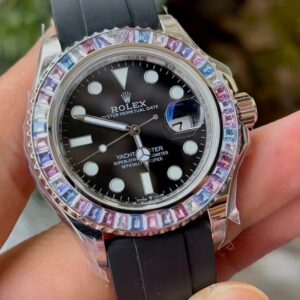 ROLEX YACHT-MASTER REPLICA WATCH FULL STONE BAGUETTE BEZEL 41MM 1 ĐỒNG HỒ ROLEX YACHT-MASTER REPLICA 11 NIỀNG FULL ĐÁ BAGUETTE DÂY CAO SU CAO CẤP 41MM