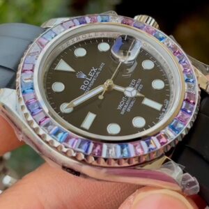 ROLEX YACHT-MASTER REPLICA WATCH FULL STONE BAGUETTE BEZEL 41MM 5 ĐỒNG HỒ ROLEX YACHT-MASTER REPLICA 11 NIỀNG FULL ĐÁ BAGUETTE DÂY CAO SU CAO CẤP 41MM