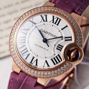 CARTIER BLEU BALLON SUPER FAKE 11 WATCH PURPLE LEATHER STRAP AF FACTORY 33MM 2 ĐỒNG HỒ CARTIER BLUE BALLOON SUPER FAKE NIỀNG ĐÁ HAI HÀNG NHÀ MÁY AF 33MM