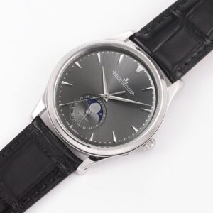 JAEGER-LECOULTRE GREY DIAL MOON PHASE REPLICA WATCH LEATHER STRAP GF 39MM 1 ĐỒNG HỒ JAEGER-LECOULTRE MẶT XÁM MOON PHASE REPLICA DÂY DA NHÀ MÁY GF 39MM