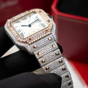 CARTIER SANTOS CUSTOM WATCH DEMI FULL MOISSANITE WHITE DIAL BV FACTORY 35MM 3 ĐỒNG HỒ CARTIER SANTOS CHẾ TÁC DEMI FULL MOISSANITE MẶT TRẮNG BV 35MM