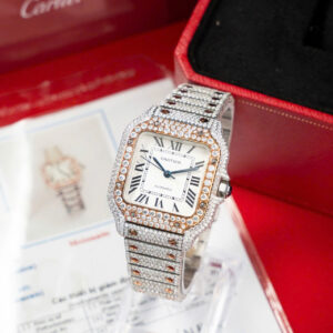 CARTIER SANTOS CUSTOM WATCH DEMI FULL MOISSANITE WHITE DIAL BV FACTORY 35MM 1 ĐỒNG HỒ CARTIER SANTOS CHẾ TÁC DEMI FULL MOISSANITE MẶT TRẮNG BV 35MM