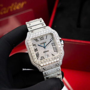 ĐỒNG HỒ CARTIER SANTOS ĐỘ FULL KIM CƯƠNG MOISSANITE SỐ LA MÃ BV 39.8MM