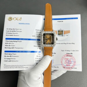 ĐỒNG HỒ CARTIER SANTOS REPLICA KIM CƯƠNG MOISSANITE DÂY DA NÂU 39.8MM