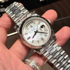 ROLEX DAY-DATE CUSTOM WATCHES NATURAL MOTHER OF PEARL DIAL MOISSANITE GMF 40MM 2 ĐỒNG HỒ ROLEX DAY-DATE CHẾ TÁC MẶT XÀ CỪ TỰ NHIÊN CỌC SỐ MOISSANITE GMF 40MM