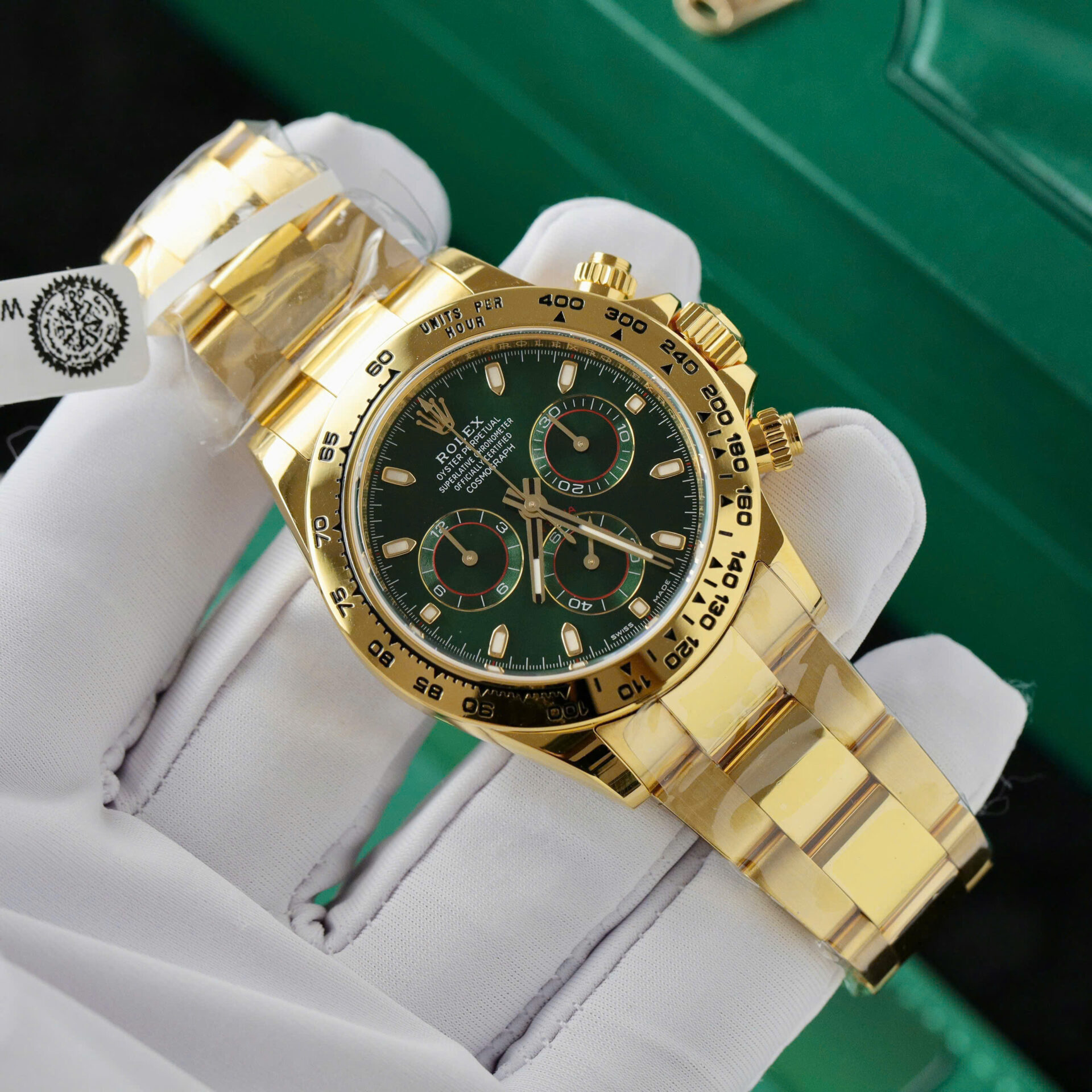 ĐỒNG HỒ ROLEX DAYTONA BỌC VÀNG CHẾ TÁC MẶT XANH NHÀ MÁY BT 40MM (8) ĐỒNG HỒ ROLEX DAYTONA BỌC VÀNG CHẾ TÁC MẶT XANH NHÀ MÁY BT 40MM