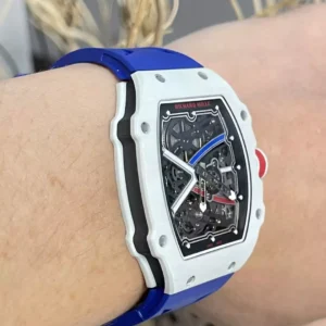 RICHARD MILLE RM67-02 V5 REPLICA 11 WATCH CERAMIC WHITE BLUE RUBBER STRAP 38,7×47,52MM 4 ĐỒNG HỒ RICHARD MILLE RM67-02 V5 REPLICA 11 VỎ CARBON TRẮNG DÂY XANH 38,7×47,52MM