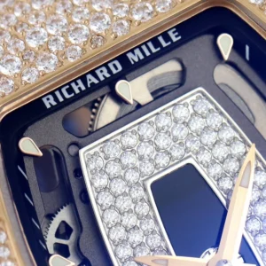 RICHARD MILLE RM07-01 HIGH END WATCH REPLICAS RHINESTONE ROSE GOLD CASE BLACK DIAL RUBBER STRAP ZF FACTORY 36MM 3 DONG HO NU RICHARD MILLE RM07 01 REPLICA CAO CAP DINH DA MAT DEN MA VANG HONG ZF FACTORY 36MM 7