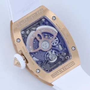 RICHARD MILLE RM07-01 LUXURY FAKE WATCHES RHINESTONE ROSE GOLD PLATE CASE WHITE DIAL RUBBER STRAP ZF FACTORY 36MM 7 DONG HO NU RICHARD MILLE RM07 01 REPLICA CAO CAP DINH DA MAT TRANG MA VANG HONG ZF FACTORY 36MM 2