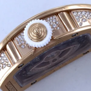 RICHARD MILLE RM07-01 LUXURY FAKE WATCHES RHINESTONE ROSE GOLD PLATE CASE WHITE DIAL RUBBER STRAP ZF FACTORY 36MM 6 DONG HO NU RICHARD MILLE RM07 01 REPLICA CAO CAP DINH DA MAT TRANG MA VANG HONG ZF FACTORY 36MM 3