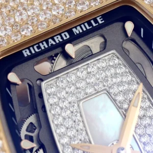 RICHARD MILLE RM07-01 LUXURY FAKE WATCHES RHINESTONE ROSE GOLD PLATE CASE WHITE DIAL RUBBER STRAP ZF FACTORY 36MM 3 DONG HO NU RICHARD MILLE RM07 01 REPLICA CAO CAP DINH DA MAT TRANG MA VANG HONG ZF FACTORY 36MM 6