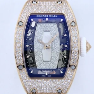 RICHARD MILLE RM07-01 LUXURY FAKE WATCHES RHINESTONE ROSE GOLD PLATE CASE WHITE DIAL RUBBER STRAP ZF FACTORY 36MM 1 DONG HO NU RICHARD MILLE RM07 01 REPLICA CAO CAP DINH DA MAT TRANG MA VANG HONG ZF FACTORY 36MM 8