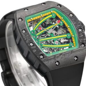 RICHARD MILLE RM59-01 KNOCK OFF WATCHES BLACK CARBON CASE GREEN DIAL BLACK RUBBER STRAP TOURBILLON 43X50MM 3 DONG HO RICHARD MILLE RM59 01 REP 11 VO CARBON DEN MAT XANH LA TOURBILLON 43X50MM 7