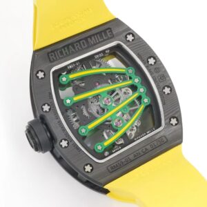RICHARD MILLE RM59-01 BEST REPLICA WATCHES BLACK CARBON CASE GREEN DIAL YELLOW RUBBER STRAP TOURBILLON 43x50xMM 7 DONG HO RICHARD MILLE RM59 01 REPLICA VO CARBON DEN MAT XANH LA DAY CAO SU VANG TOURBILLON 43x50xMM 3