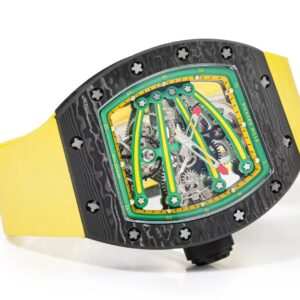 RICHARD MILLE RM59-01 BEST REPLICA WATCHES BLACK CARBON CASE GREEN DIAL YELLOW RUBBER STRAP TOURBILLON 43x50xMM 5 DONG HO RICHARD MILLE RM59 01 REPLICA VO CARBON DEN MAT XANH LA DAY CAO SU VANG TOURBILLON 43x50xMM 5