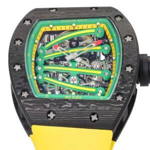 RICHARD MILLE RM59-01 BEST REPLICA WATCHES BLACK CARBON CASE GREEN DIAL YELLOW RUBBER STRAP TOURBILLON 43x50xMM 4 DONG HO RICHARD MILLE RM59 01 REPLICA VO CARBON DEN MAT XANH LA DAY CAO SU VANG TOURBILLON 43x50xMM 6