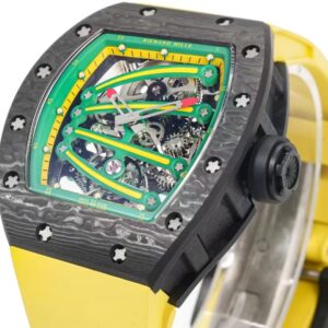RICHARD MILLE RM59-01 BEST REPLICA WATCHES BLACK CARBON CASE GREEN DIAL YELLOW RUBBER STRAP TOURBILLON 43x50xMM 3 DONG HO RICHARD MILLE RM59 01 REPLICA VO CARBON DEN MAT XANH LA DAY CAO SU VANG TOURBILLON 43x50xMM 7