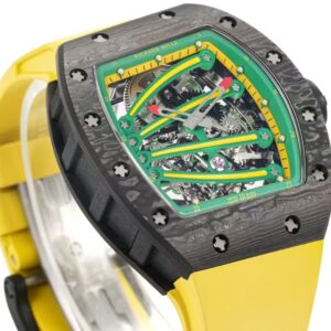 RICHARD MILLE RM59-01 BEST REPLICA WATCHES BLACK CARBON CASE GREEN DIAL YELLOW RUBBER STRAP TOURBILLON 43x50xMM 2 DONG HO RICHARD MILLE RM59 01 REPLICA VO CARBON DEN MAT XANH LA DAY CAO SU VANG TOURBILLON 43x50xMM 8