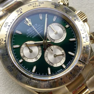 ROLEX DAYTONA 126508-0008 LUXURY FAKE WATCH GOLD PLATE GREEN EMERAL DIAL QF FACTORY 40MM 4 DONG HO ROLEX DAYTONA 126508 0008 REPLICA 11 MAT SO XANH LUC BAO MA VANG QF FACTORY 40MM 6