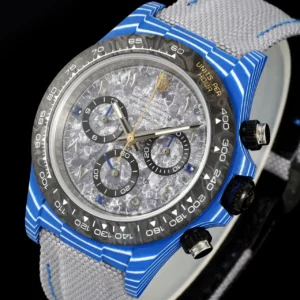 ROLEX DIW DAYTONA LUXURY IMITATION WATCHES BLUE CARBON CASE GREY DIAL FABRIC STRAP DIW FACTORY 40MM 2 DONG HO ROLEX DIW DAYTONA REPLICA 11 VO CARBON XANH MAT SO XAM DAY VAI DIW FACTORY 40MM 8
