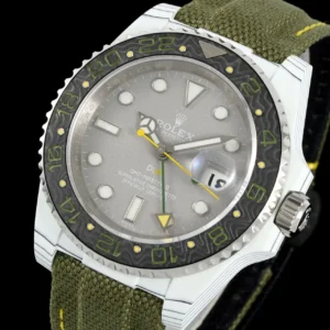 ROLEX DIW GMT-MASTER II KNOCK OFF WATCHES CARBON FIBER CASE GREY DIAL GREEN FABRIC STRAP DIW FACTORY 40MM 2 DONG HO ROLEX DIW GMT MASTER II REP 11 VO CARBON FIBER MAT SO XAM DAY VAI DIW FACTORY 40MM 8