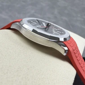 PATEK PHILIPPE AQUANAUT 5167 BEST REPLICA WATCHES CUSTOM GREY DIAL RED RUBBER STRAP AUTOMATIC 40MM 8 DONG HO PATEK PHILIPPE AQUANAUT 5167 REP 11 MAT XAM TINH CHINH DAY CAO SU DO AUTOMATIC 40MM 6