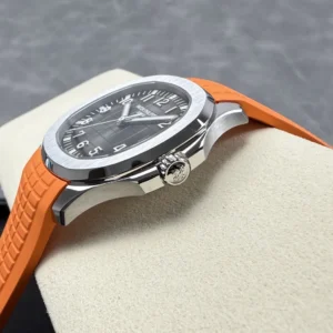 PATEK PHILIPPE AQUANAUT 5167 HIGH END WATCH REPLICAS CUSTOM GREY DIAL ORANGE RUBBER STRAP AUTOMATIC 40MM 7 DONG HO PATEK PHILIPPE AQUANAUT 5167 REPLICA 11 MAT XAM TINH CHINH DAY CAO SU DO AUTOMATIC 40MM 6