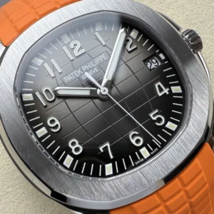 PATEK PHILIPPE AQUANAUT 5167 HIGH END WATCH REPLICAS CUSTOM GREY DIAL ORANGE RUBBER STRAP AUTOMATIC 40MM 4 DONG HO PATEK PHILIPPE AQUANAUT 5167 REPLICA 11 MAT XAM TINH CHINH DAY CAO SU DO AUTOMATIC 40MM 9