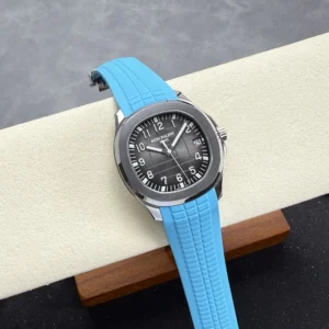 PATEK PHILIPPE AQUANAUT 5167 GOOD IMITATION WATCHES CUSTOM GREY DIAL BLUE RUBBER STRAP AUTOMATIC 40MM 1 DONG HO PATEK PHILIPPE AQUANAUT 5167 REPLICA MAT XAM TINH CHINH DAY CAO SU XANH 40MM 9