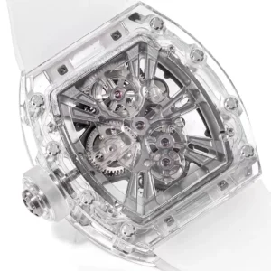 RICHARD MILLE RM27-03 IMITATION WATCHES SAPPHIRE CASE SKELETON WHITE RUBBER STRAP TOURBILLON 44MM 7 DONG HO RICHARD MILLE RM27 03 CHE TAC VO SAPPHIRE TRONG SUOT DAY CAO SU TOURBILLON 44MM 3 1