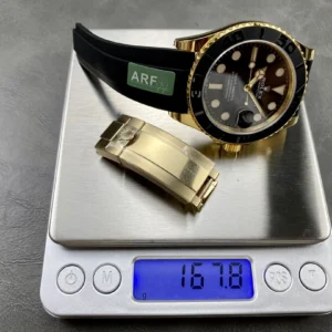 ROLEX YACHT-MASTER BEST REPLICA WATCHES GOLD PLATE VERSION CUSTOM WEIGHT BLACK DIAL AR FACTORY 40MM 1 DONG HO ROLEX YACHT MASTER REPLICA TINH CHINH TRONG LUONG BAN MA VANG GOLD MAT DEN CHUAN AUTH AR FACTORY 40MM 10